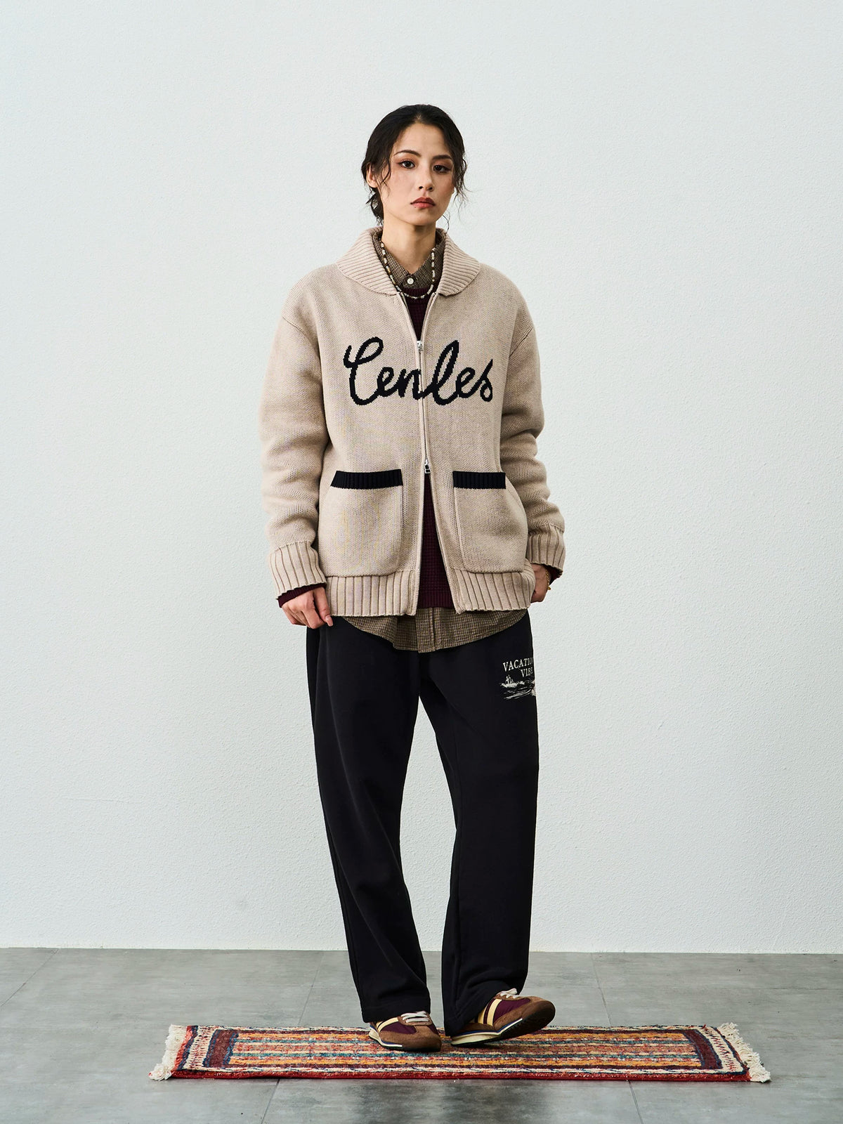 CENLES Wool-Blend Jacquard Knit Cardigan with Lapel