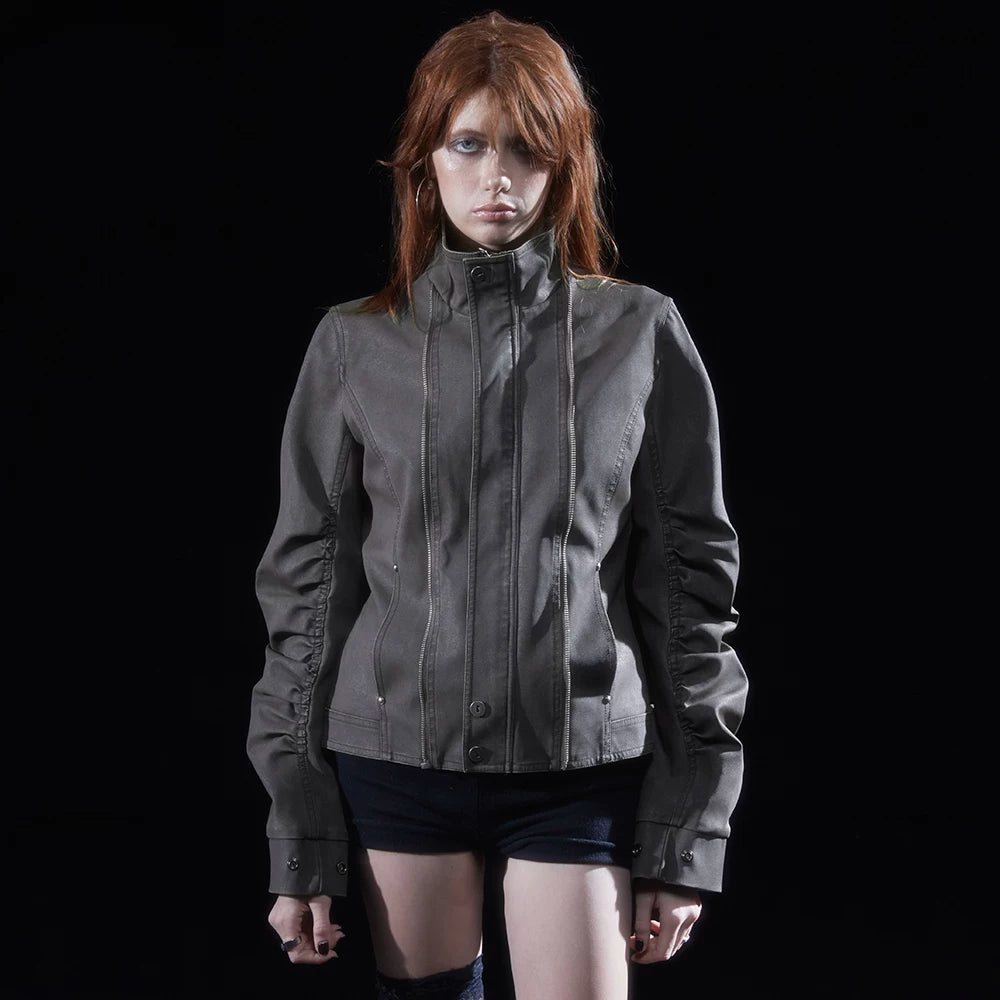 wear And tear Distressed Washed Cropped Motorcycle Leather Jacket