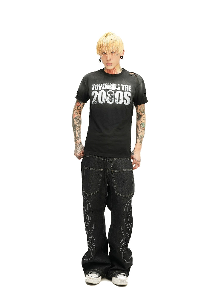 DETW 25ss * "2000S" washing destruction slogan front shoulder slim short sleeve Tee