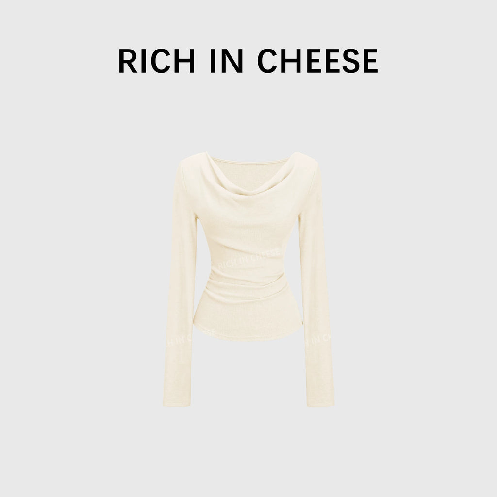 RICH IN CHEESE Pure Desire Swing Neck Knitted Waist Pleated Long Sleeves