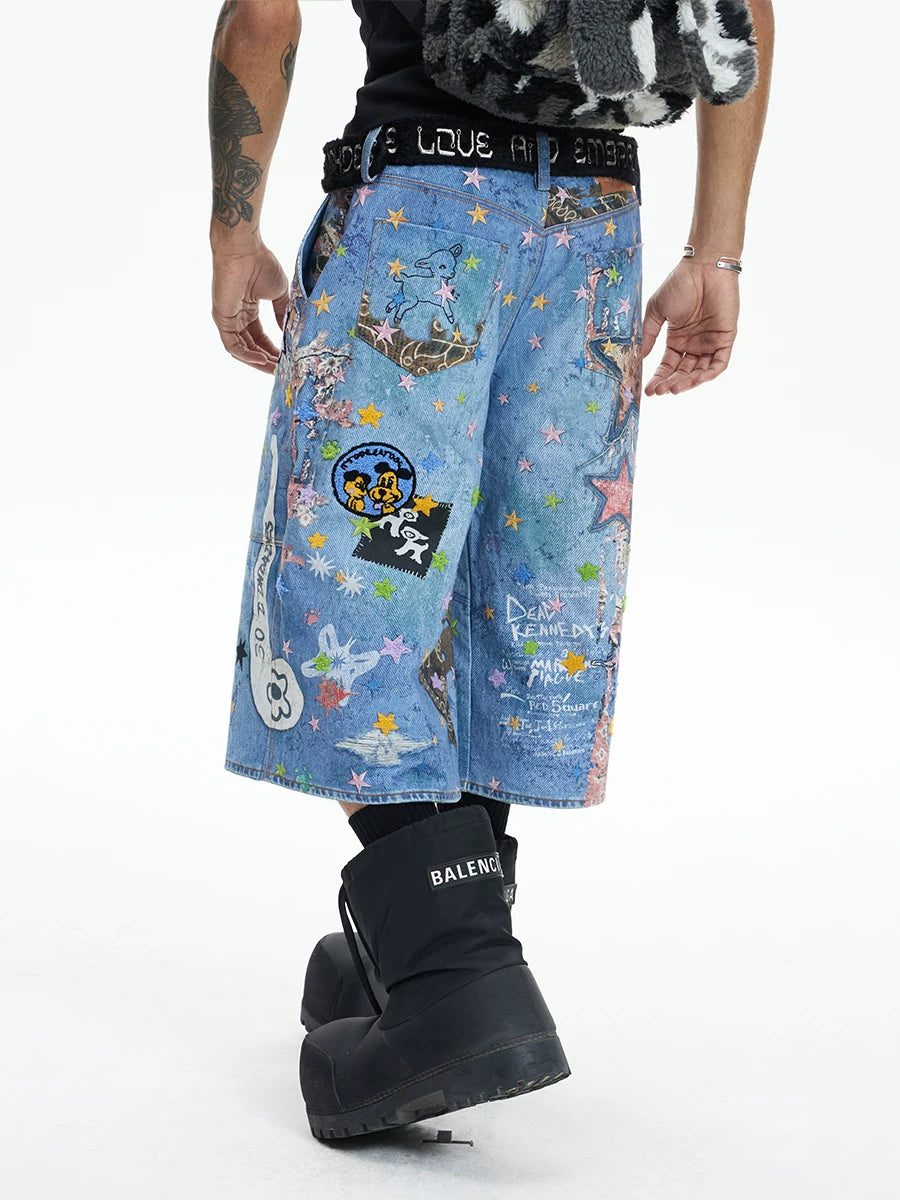 DND4DES Cartoon Print Breathable Relaxed Denim Shorts
