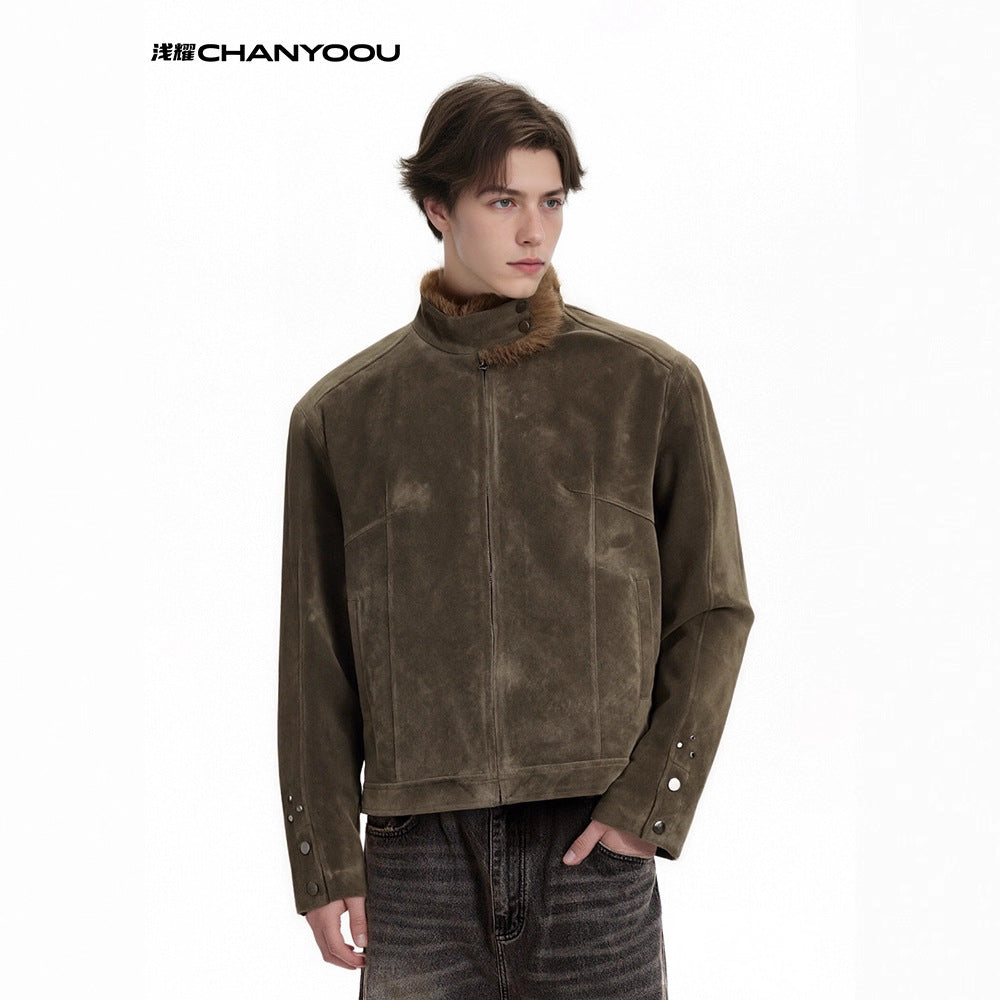 CHANYOOU Retro Suede Stand-up Collar Fleece Short Jacket