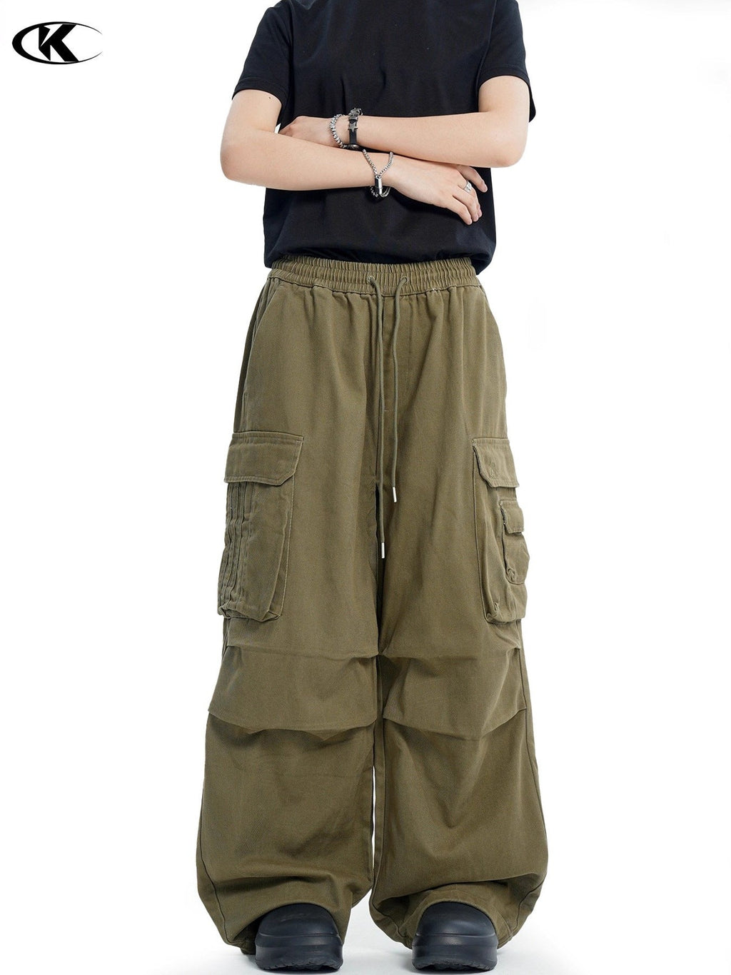 11KN Retro Drape Multi-pocket Drawstring Wide-leg Pants