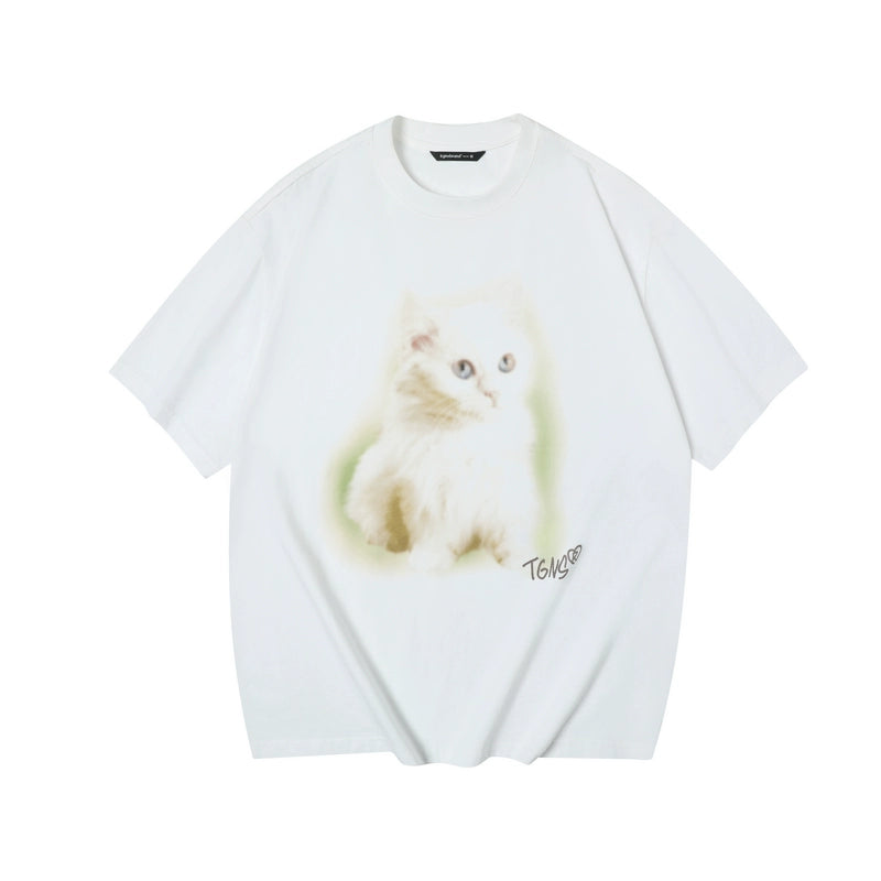 TGNS Fuzzy Cat Print Loose Versatile Tee