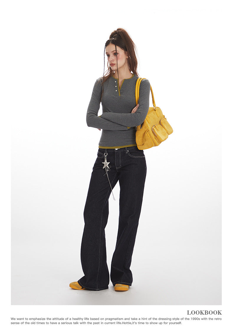 Nariele Fake Two Pieces Vintage Slim Skinny Long Sleeves