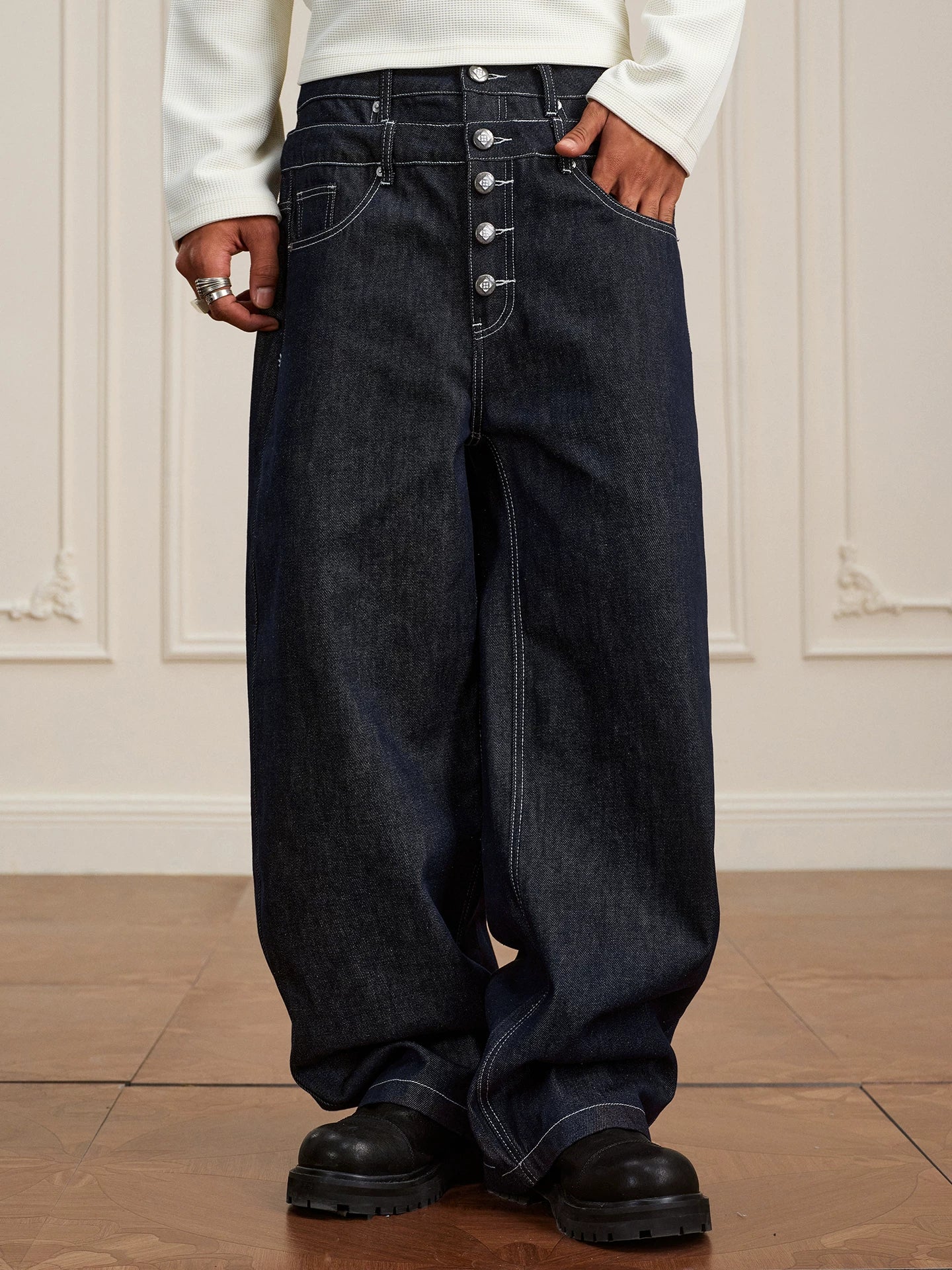YADcrew Retro Vintage Black Wash Heavy Double Waist Micro Pull Jeans