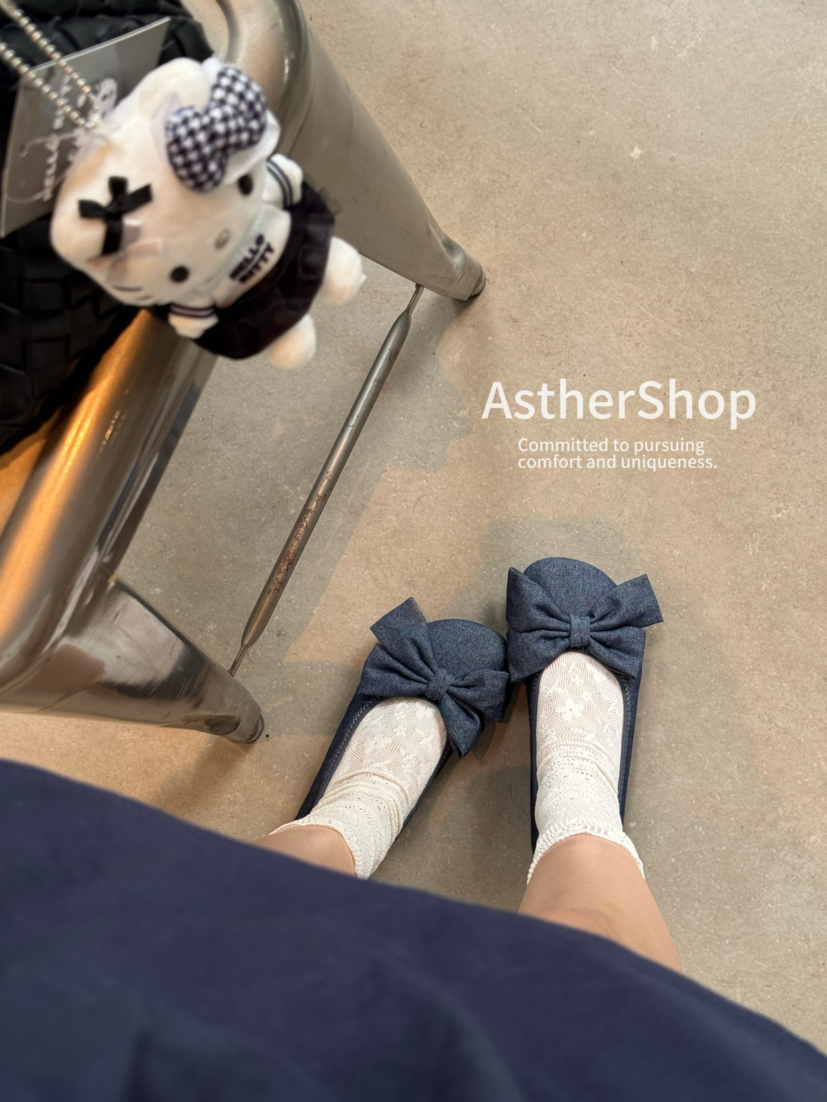 ASTHER Denim Bow Round-Toe Mary Jane Ballet Flat