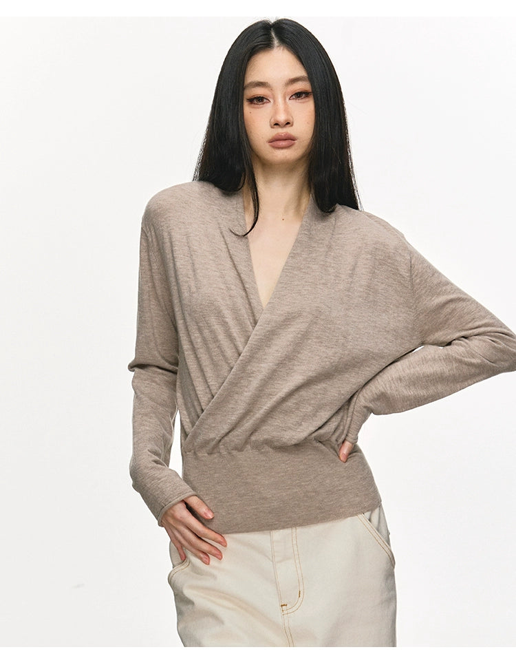 Anna Aneae Pleated V-neck Cross Loose Long Sleeve Knit