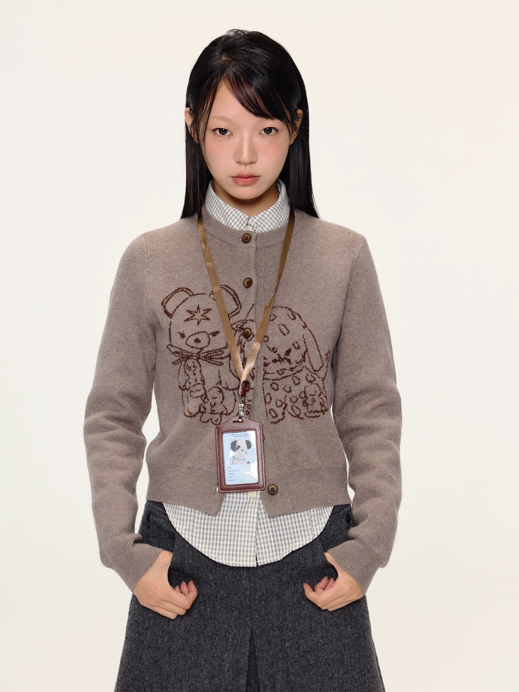 Yawhat Fluffy Friends Cropped Wool Jacquard Cardigan