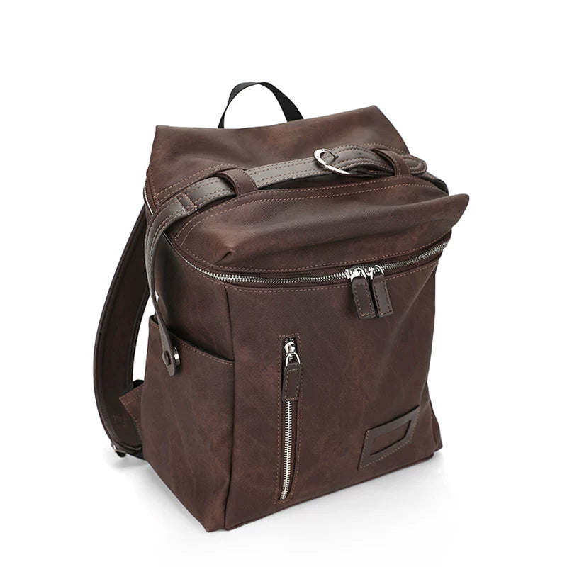 JANDRESS Dark Brown Faux Leather Zip-Top Backpack