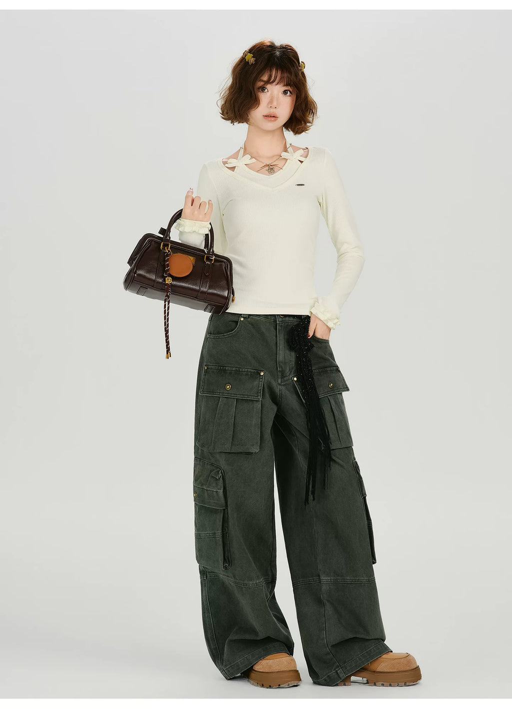 Girlyhalo Vintage Fake Two Piece Neck Slim Long Sleeve