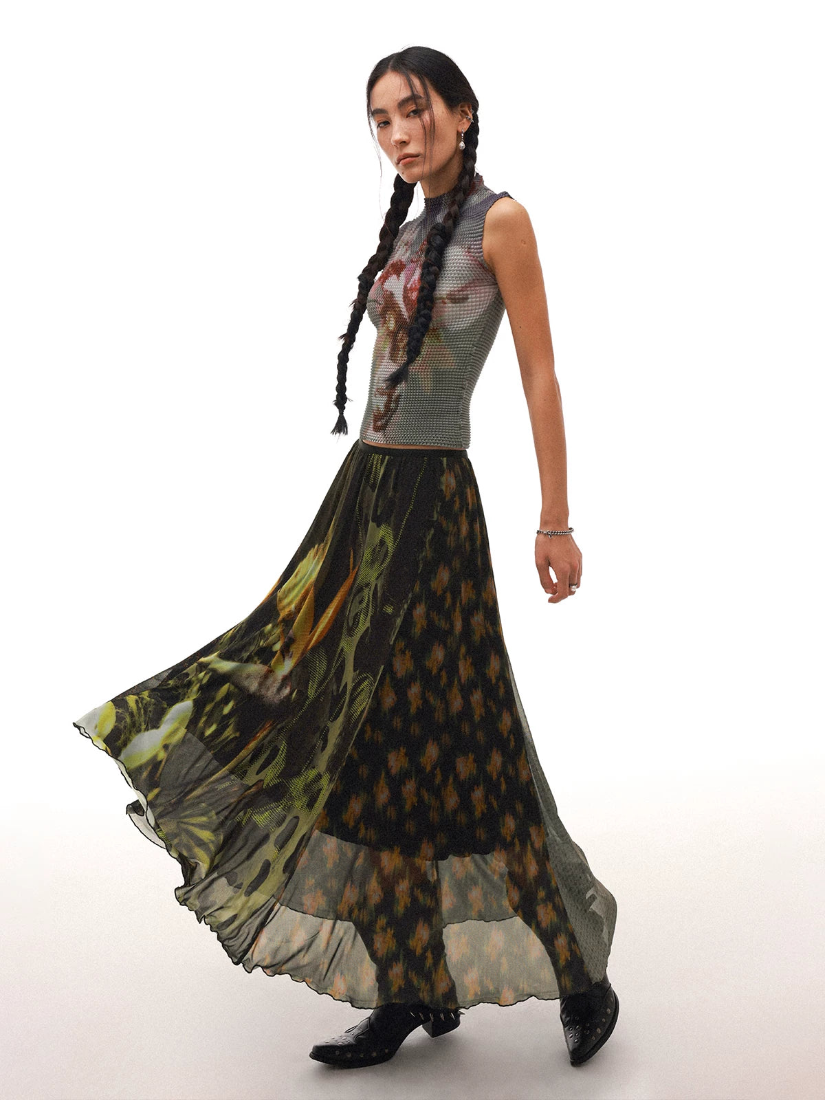 PHYS Floral Asymmetrical Splicing Drop Skirt