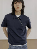 COLN Oblique Zipper Semi-open Neck Short-sleeved Polo Shirt