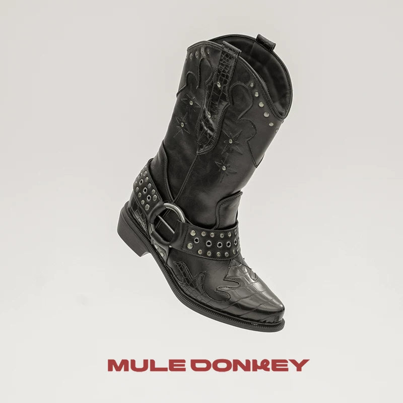 Mule Donkey Vintage Rivet V-Cut Pointed Toe Chunky Heel Mid-Calf Boot