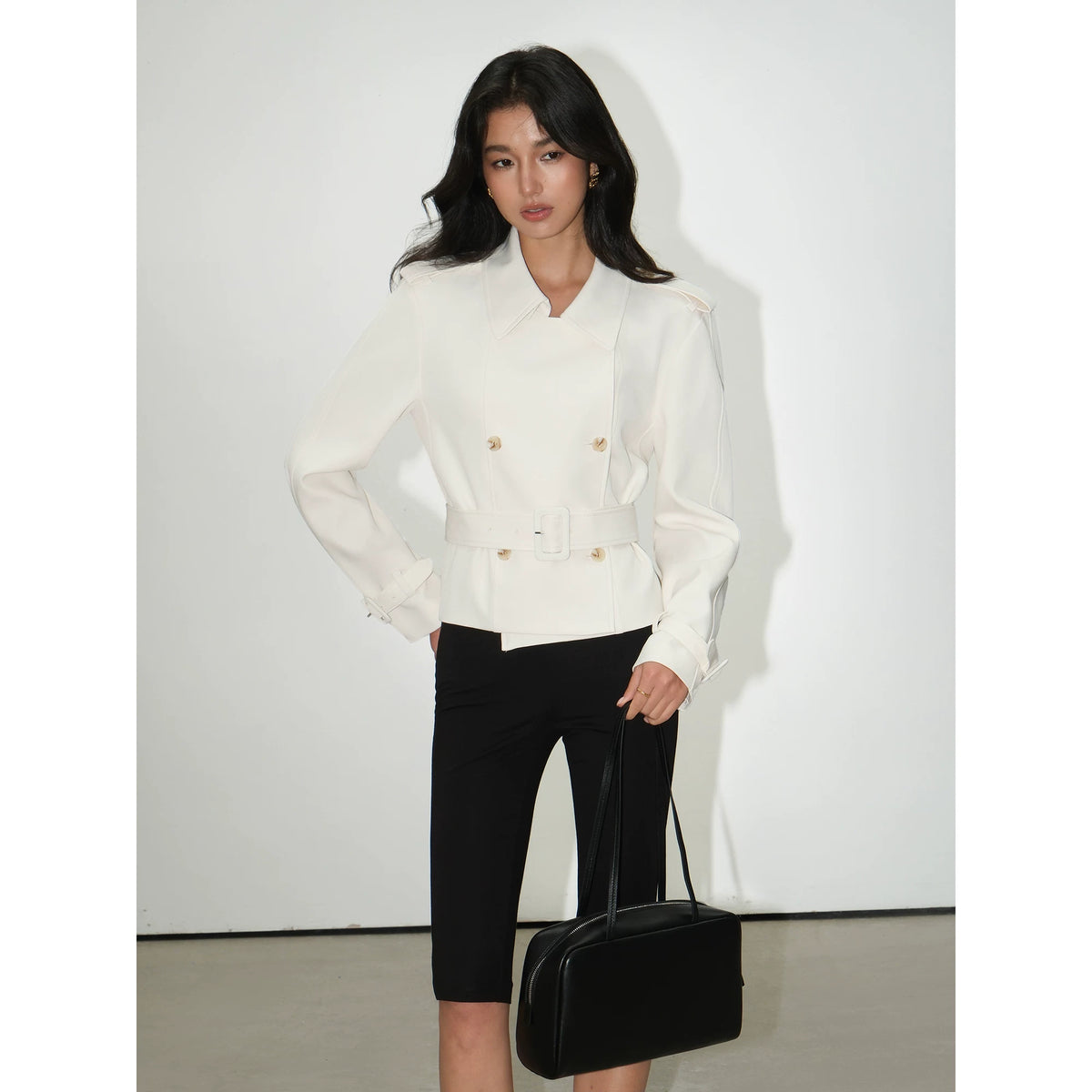 NEVA HU Detachable Belt Structured Shoulder Trench Coat
