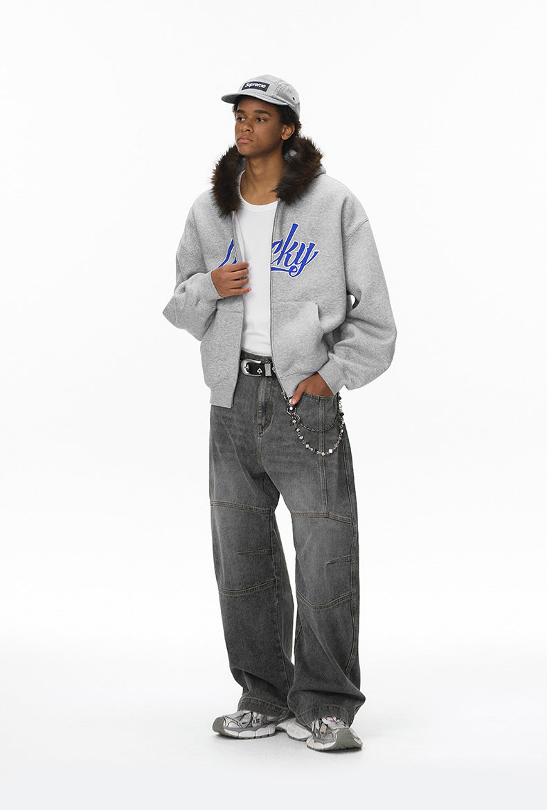 Inflation Hooded Embroidered Plush Collar Short Jacket