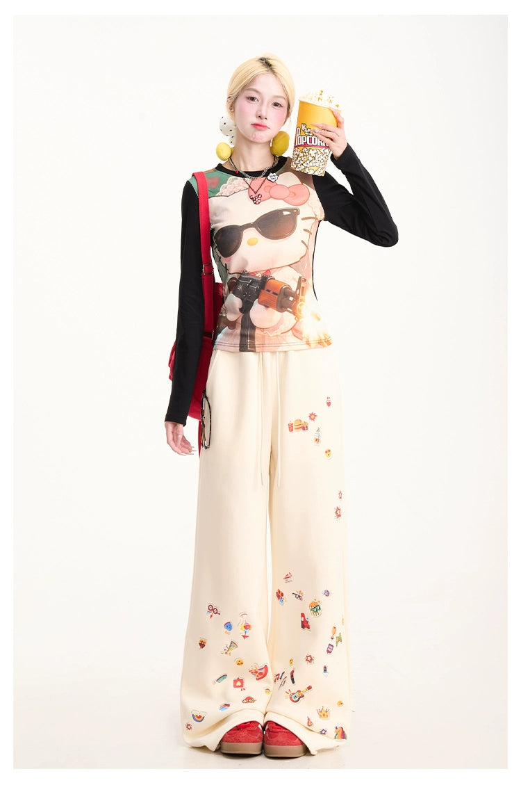 Kenvibe Fun Print Lazy Loose Drawstring Casual Straight Pants