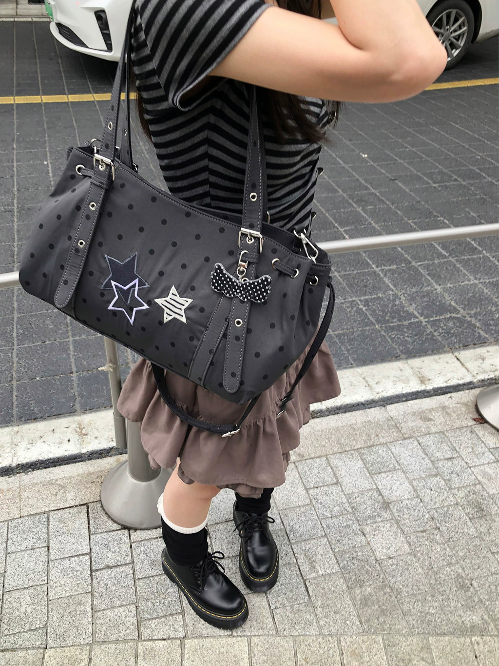 Unique blue Milk-Gray Polka Dot Faux Leather Shoulder Bag