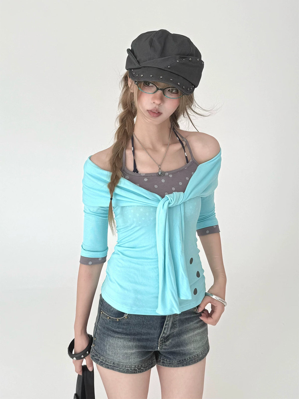 Kasugano TOO Water Blue Polka Dot Fitted Henley Tee