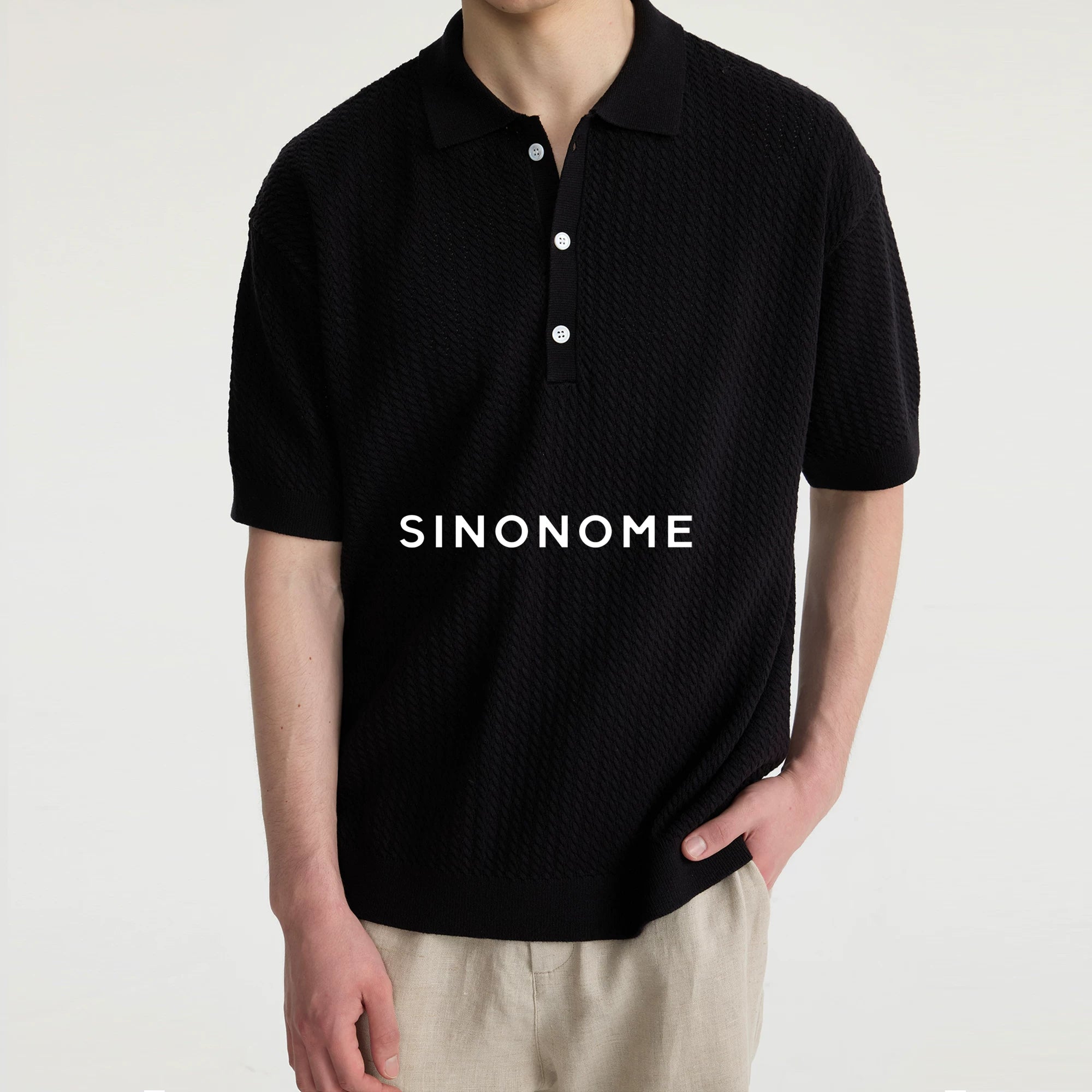 SINONOME Tencel Linen Textured Jacquard Relaxed Polo Tee