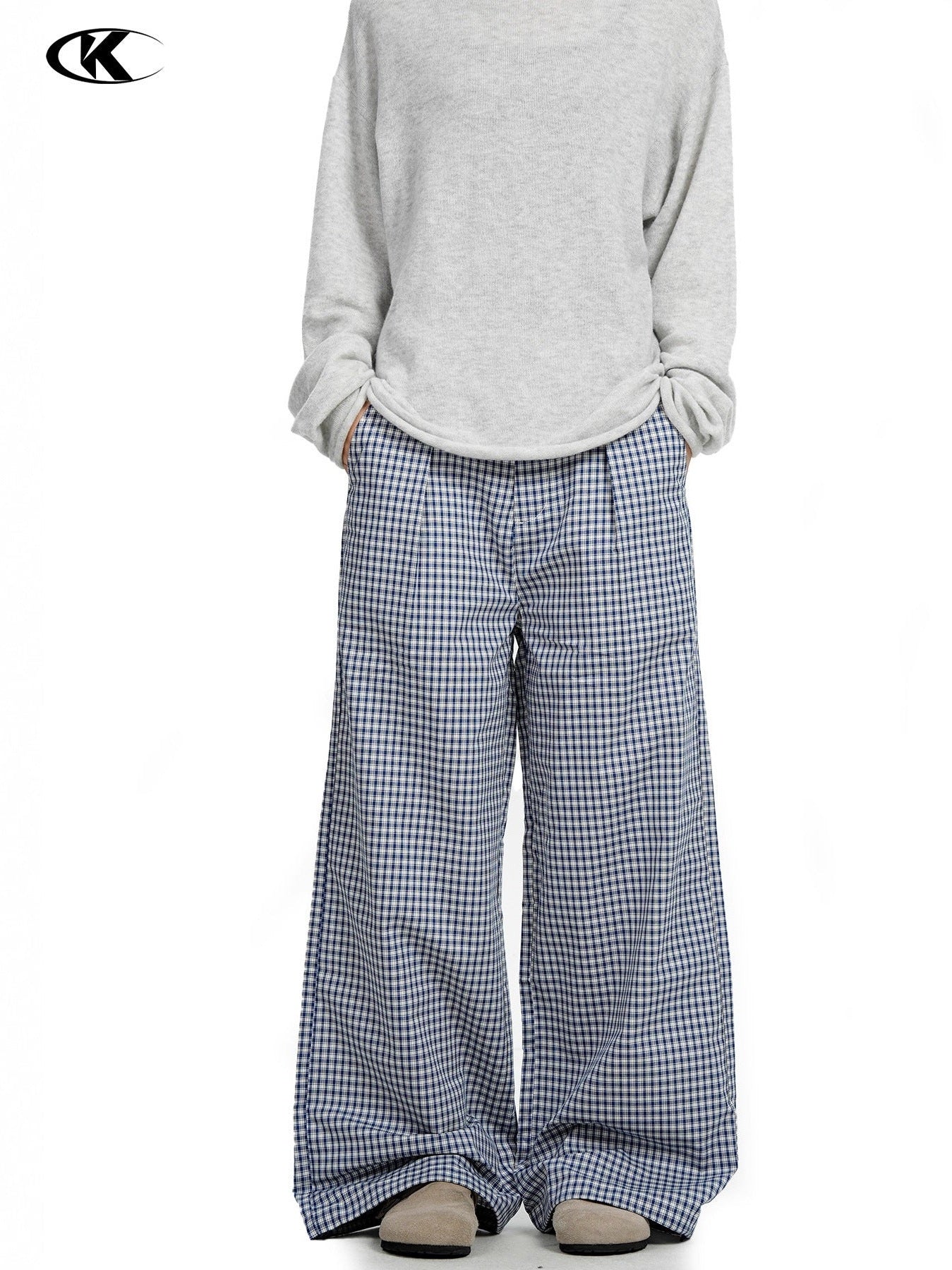 11KN Retro Pleated Plaid Versatile Straight Trousers