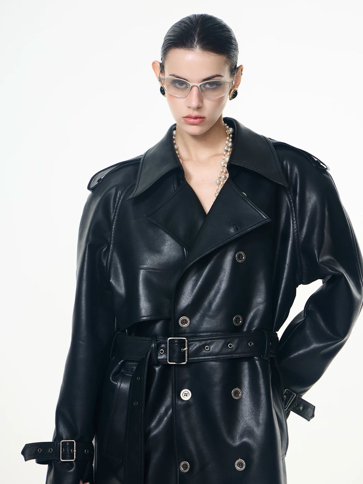 INTERLINKED Deconstructed PU Leather Double-Breasted Trench Coat