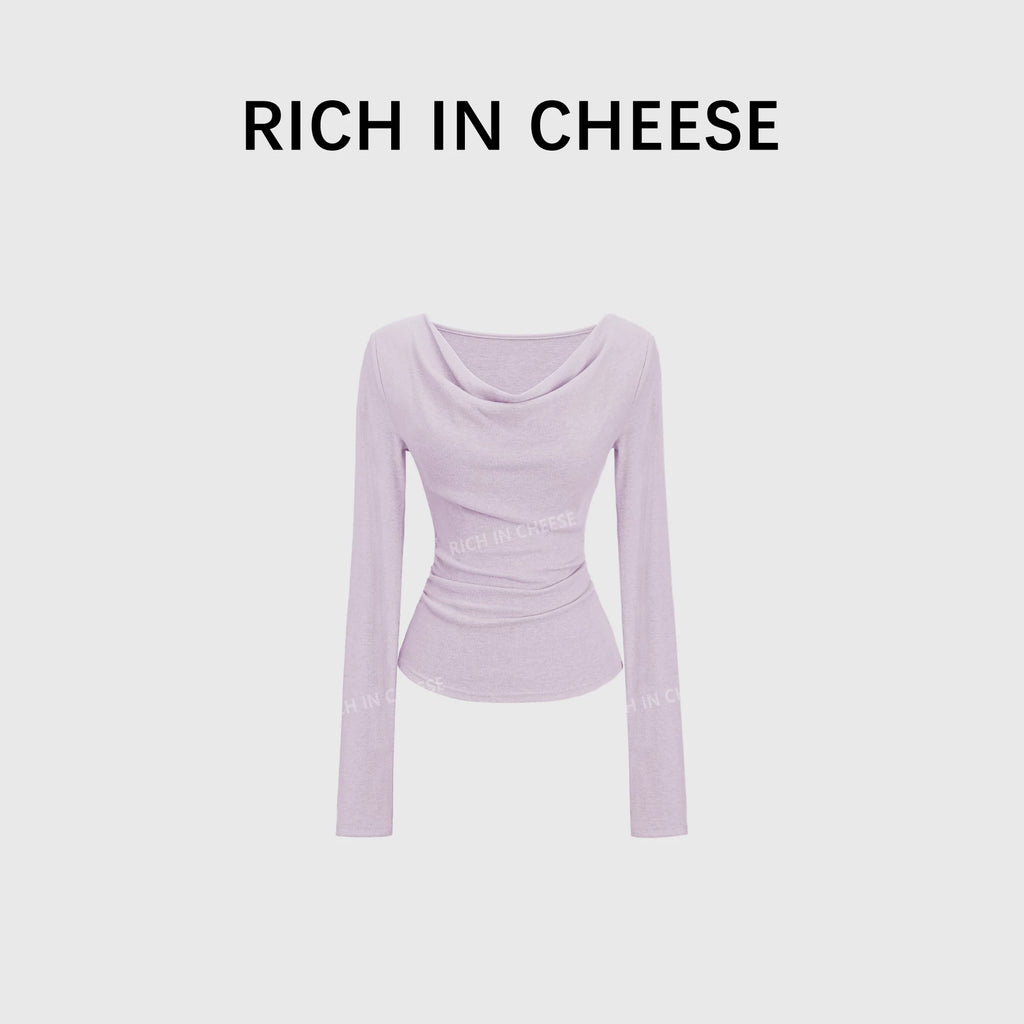 RICH IN CHEESE Pure Desire Swing Neck Knitted Waist Pleated Long Sleeves