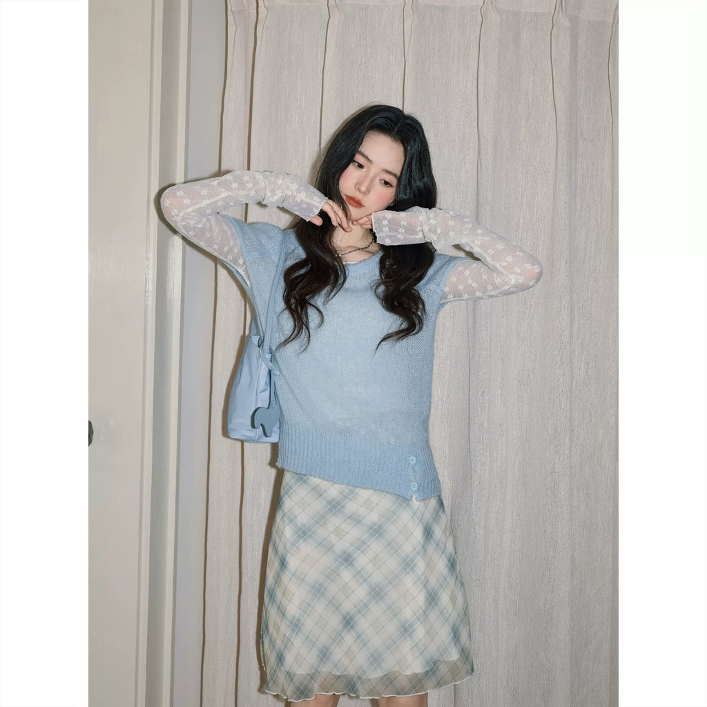 XUJING Crew Neck Hollow Knitting Tee
