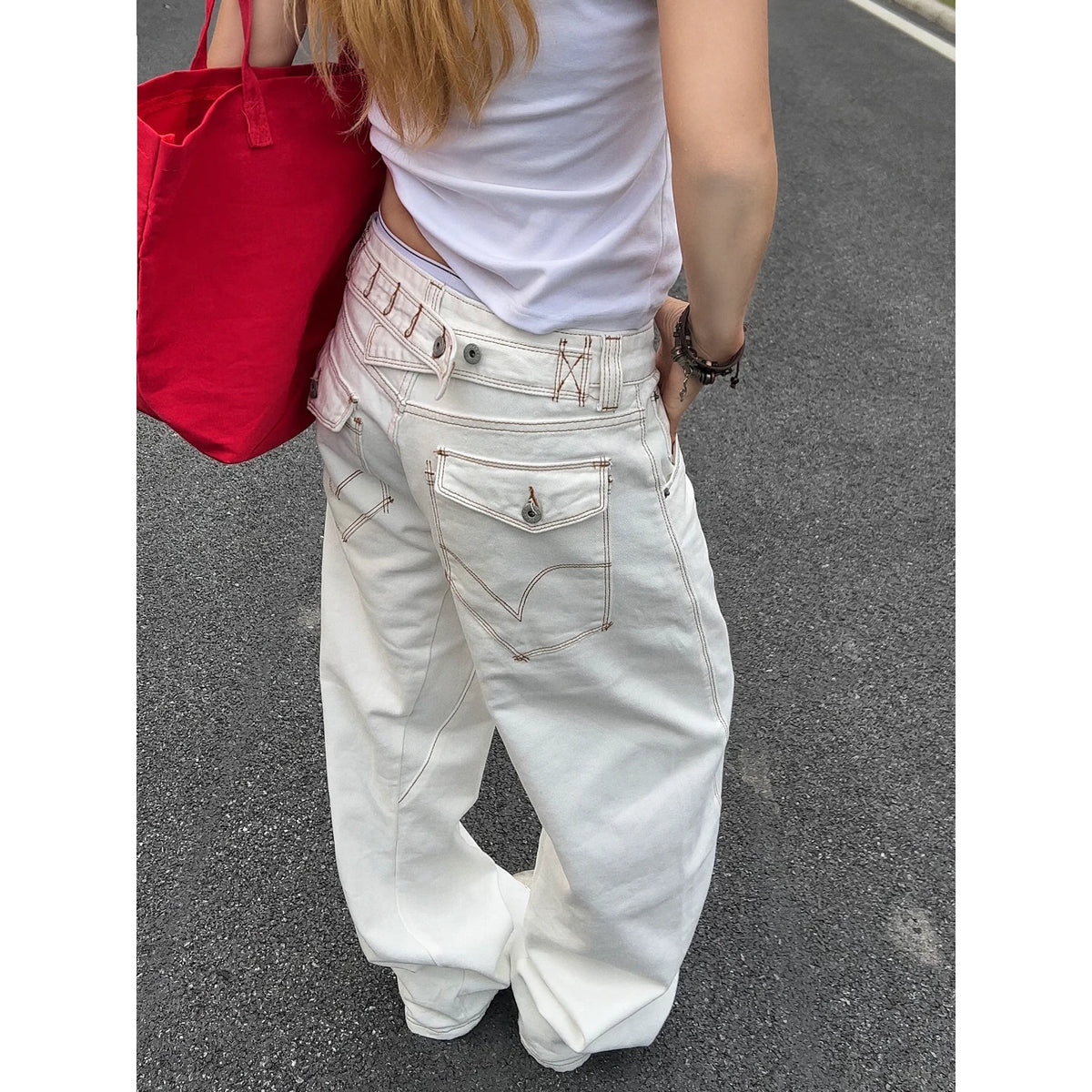 KISMETS Paris Buckle Wide-Leg White Jeans