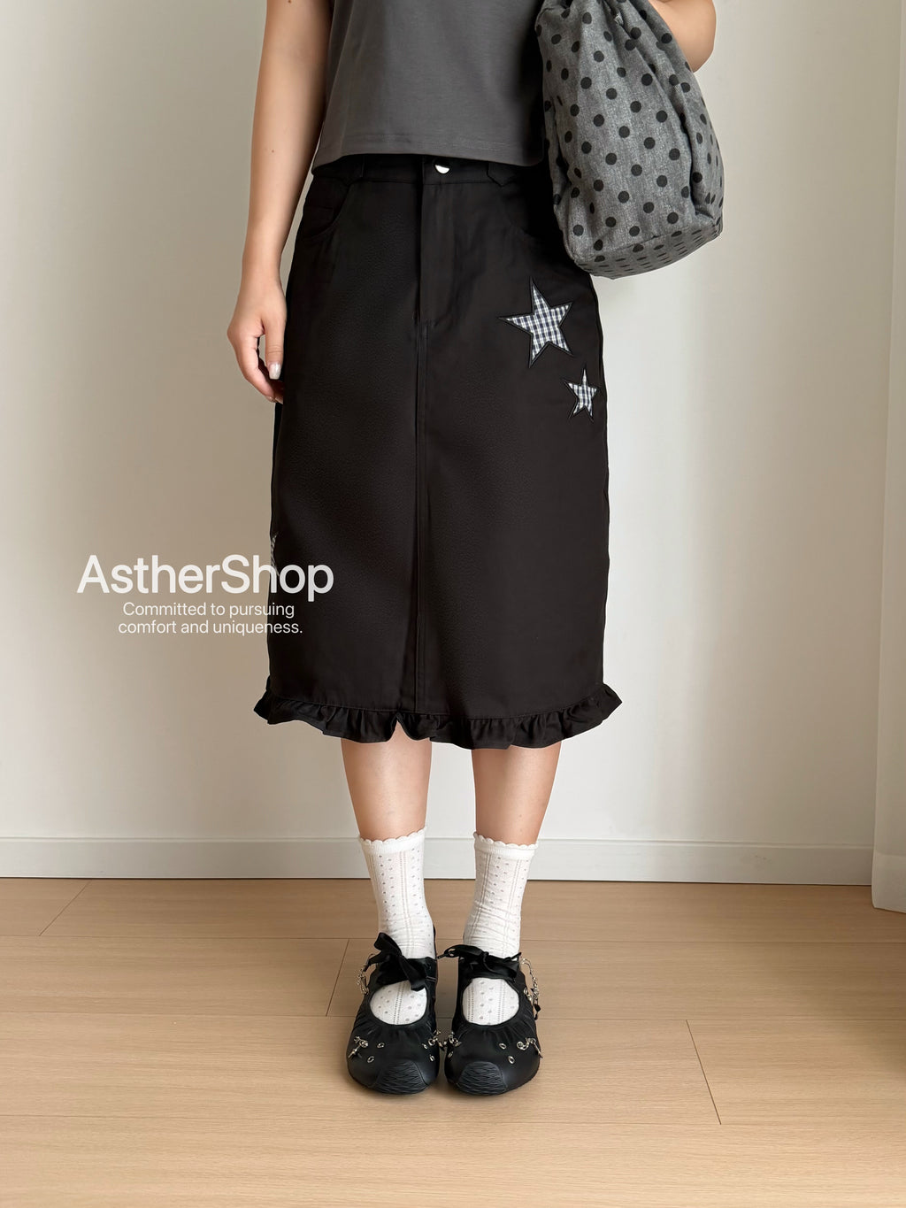 ASTHER Leather Lace-Up Star Brooch Mary Jane Ballet Flat