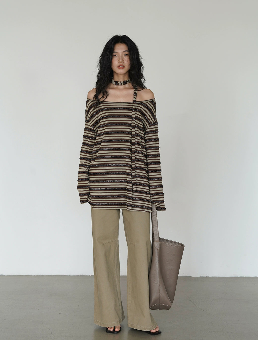 EIGHTHMONTH Striped Off-the-shoulder Streamer Casual Long Sleeve
