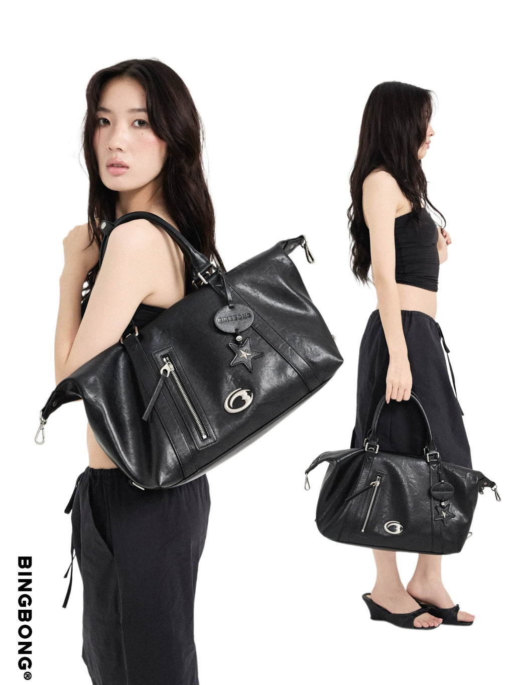 BINGBONG Black Leopard-Print Faux Leather Zip-Top Shoulder Bag