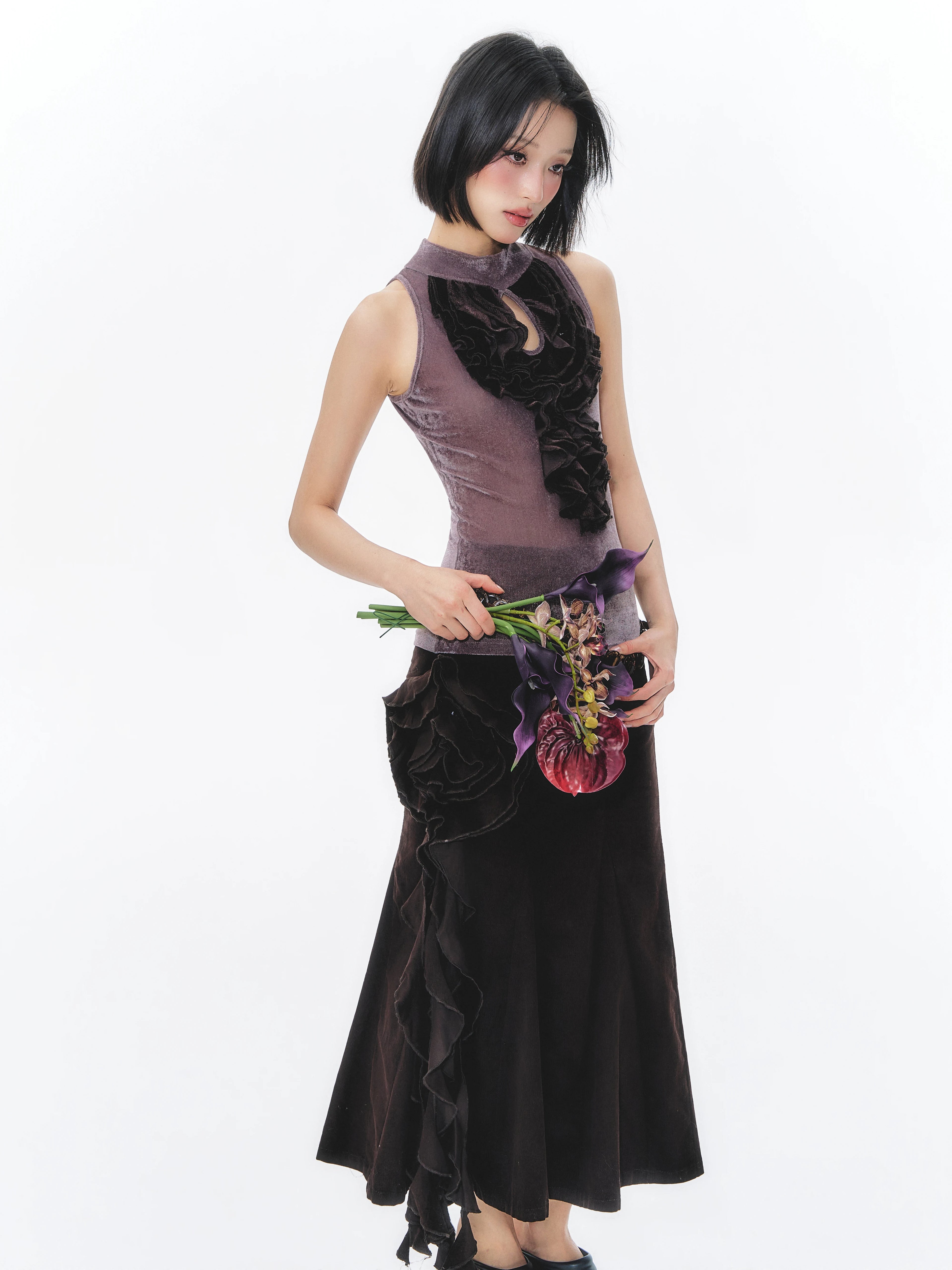 YEDM Ruffle Edge Fishtail Irregular Skirt