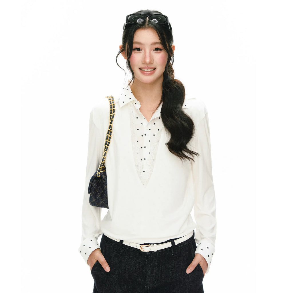 ARISEISM Polka Dot Lace Long-Sleeve Slim Fit Cropped Shirt