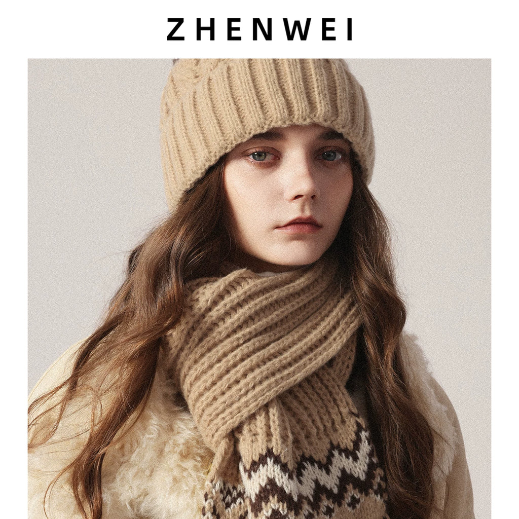 ZHENWEI Knitted Jacquard Thermal Suit Hat Scarf