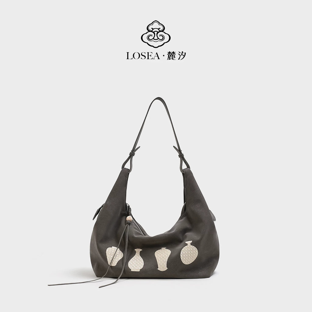 LOSEA Soft Grey Faux Leather Zip-Top Hobo Bag