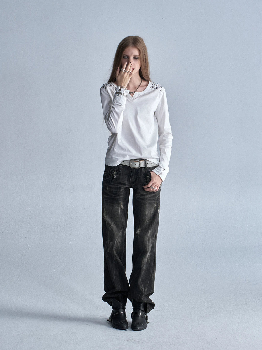 wear And tear White Punk Rhinestone Slim-Fit Long-Sleeve Tee