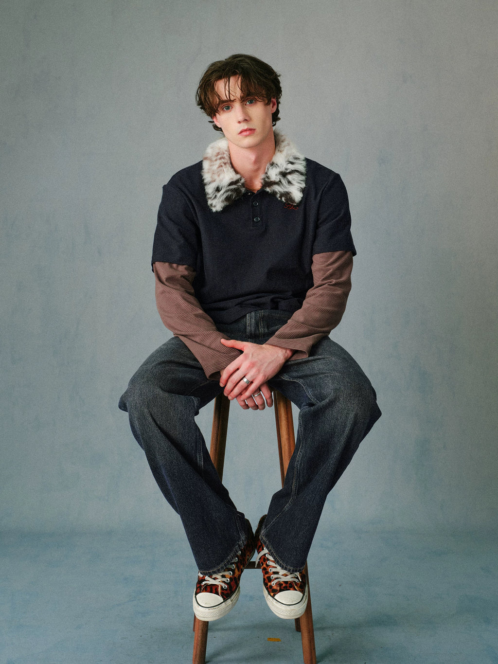 Azure Lisseur Retro Patchwork Knit Polo Shirt