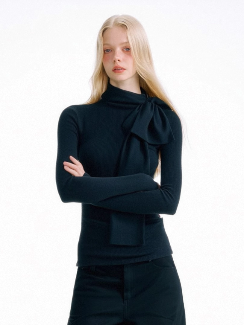 SUREENOUGH Bow Ribbon Knitted Bottom Long Sleeve