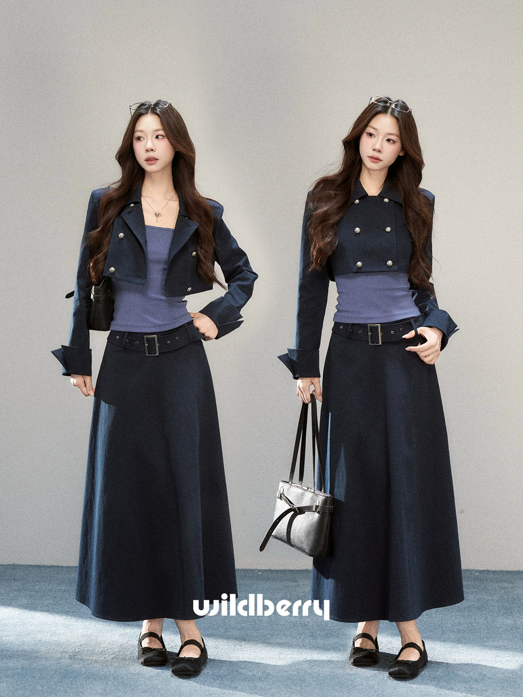 Wildberry Double-Breasted A-Line High-Waist Skirt Set