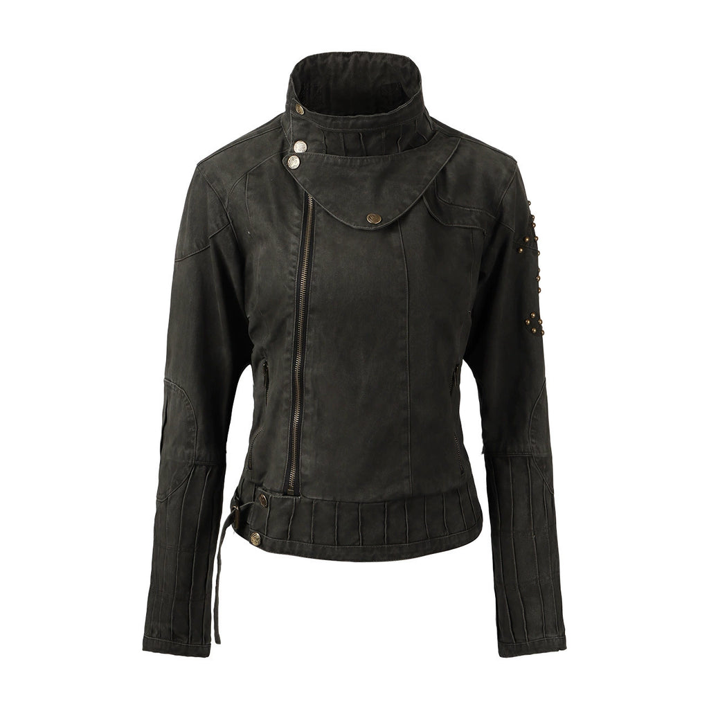 NOMANIAI Old Embroidered Bronze Rivet Short Denim Jacket