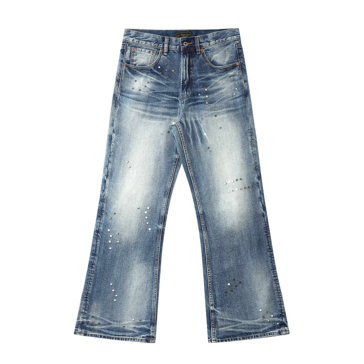 VOWPROGRESS Washed Glacier Blue Distressed Whiskered Flared Jeans