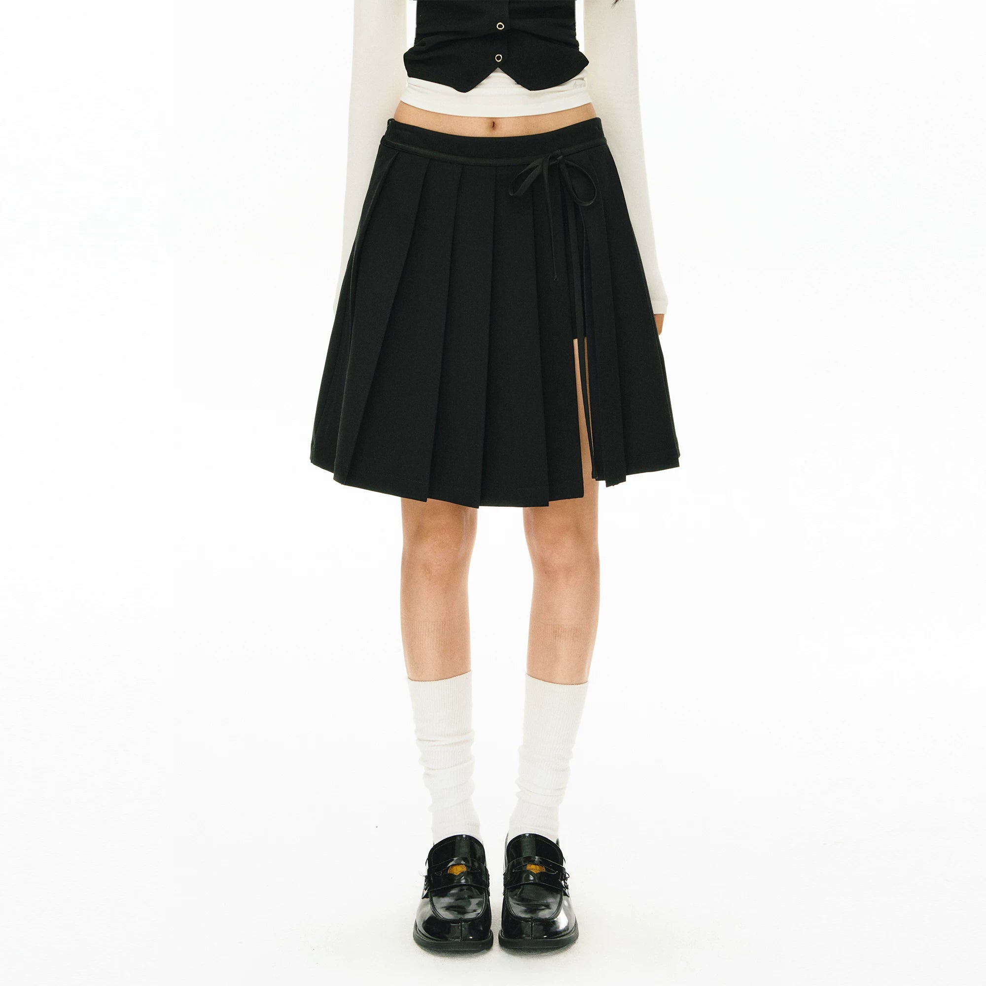 ARISEISM Pleated Bow Low-Rise A-Line Midi Skirt