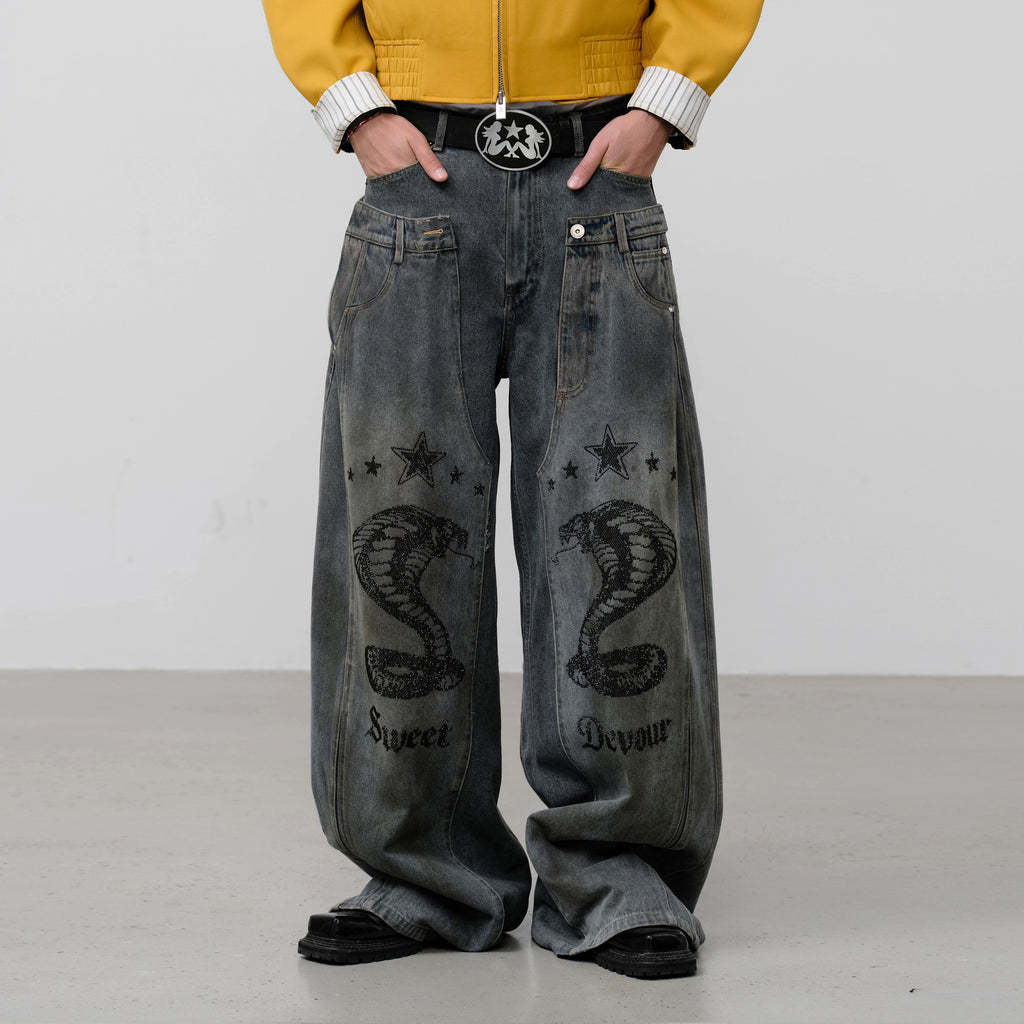 FACEON LAB Double-Waist Snake Print Wide-Leg Washed Jeans