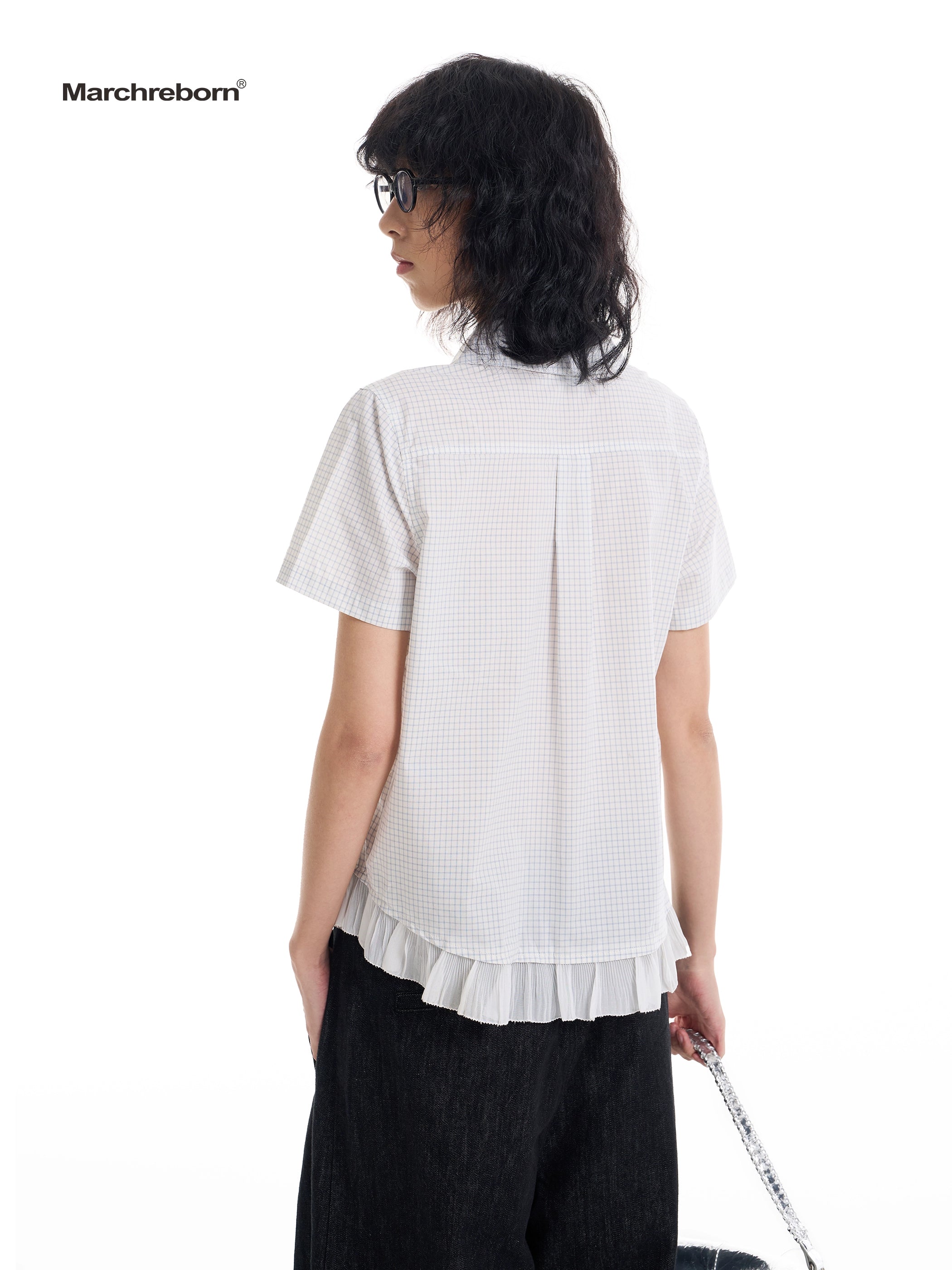 March College Vintage Checked Irregular Lace Short Sleeve Shirt