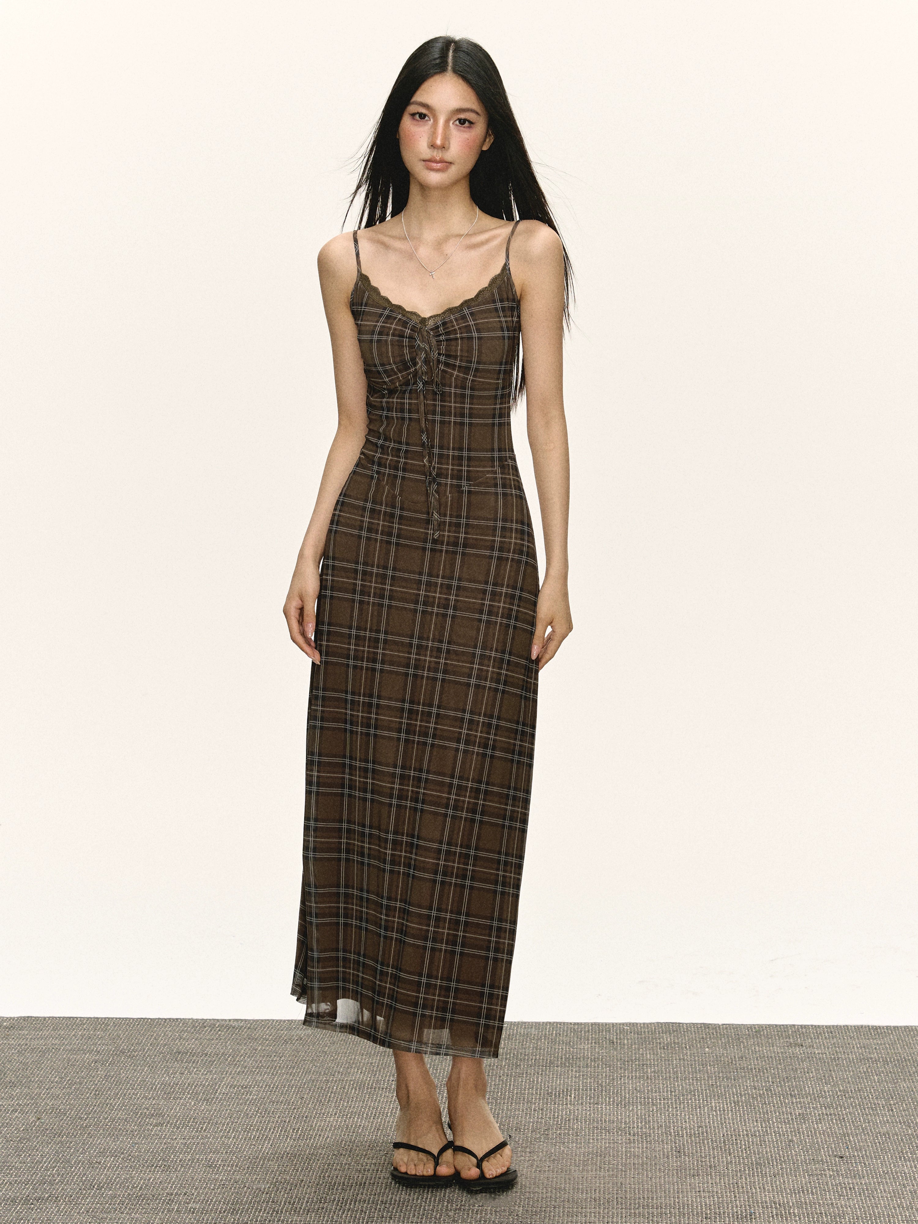 Ariseism Slim Fit Suspender Plaid Skirt