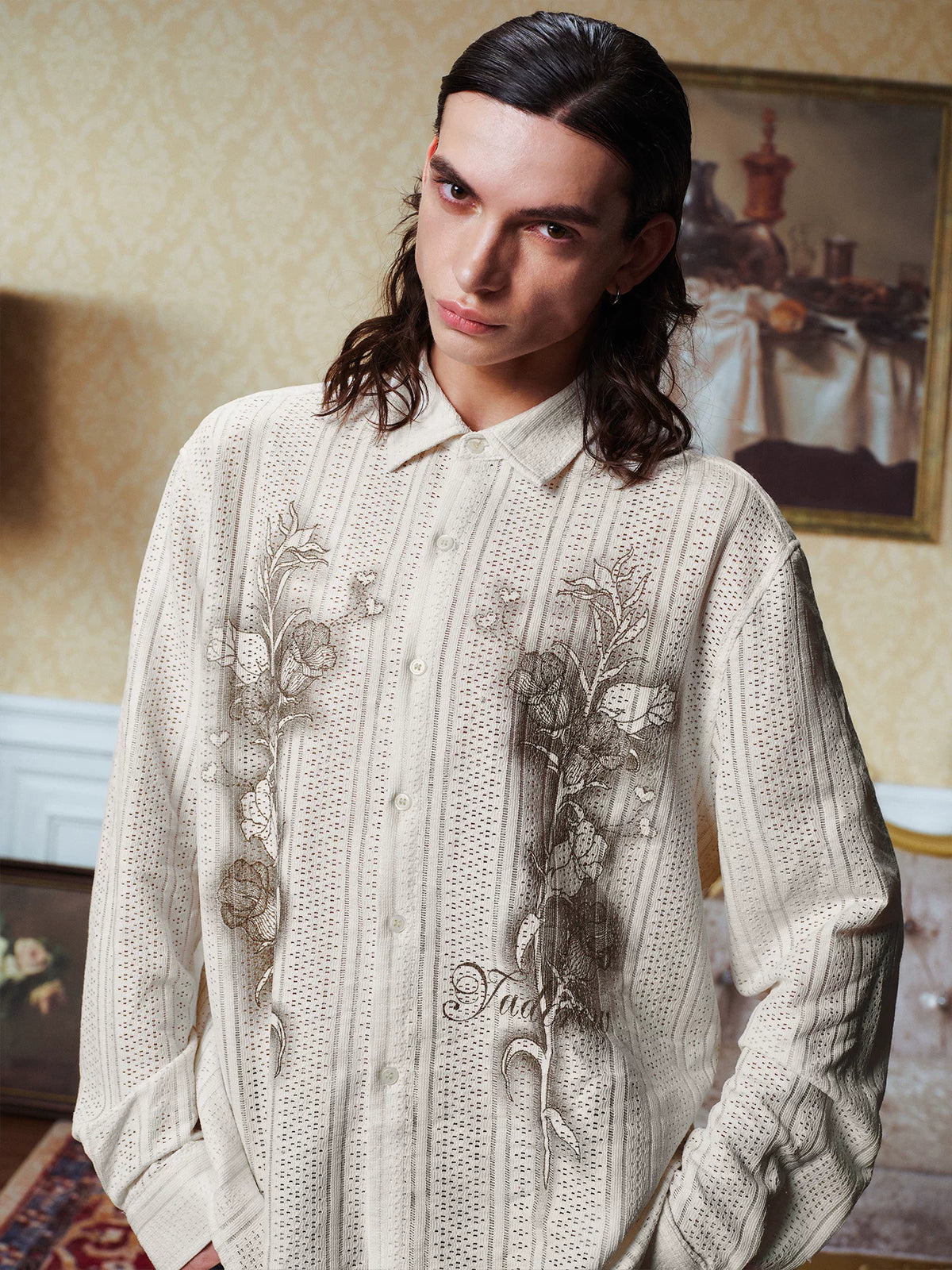 YADcrew Botanical Lace Loose Long-Sleeve Shirt