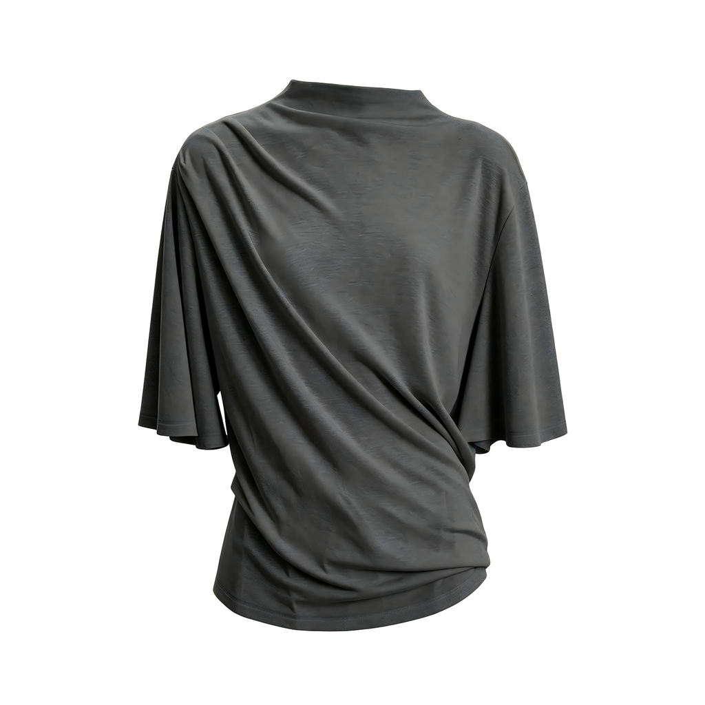 JCAESAR WOMEN Ruched Draped Half-Turtleneck Loose Tee