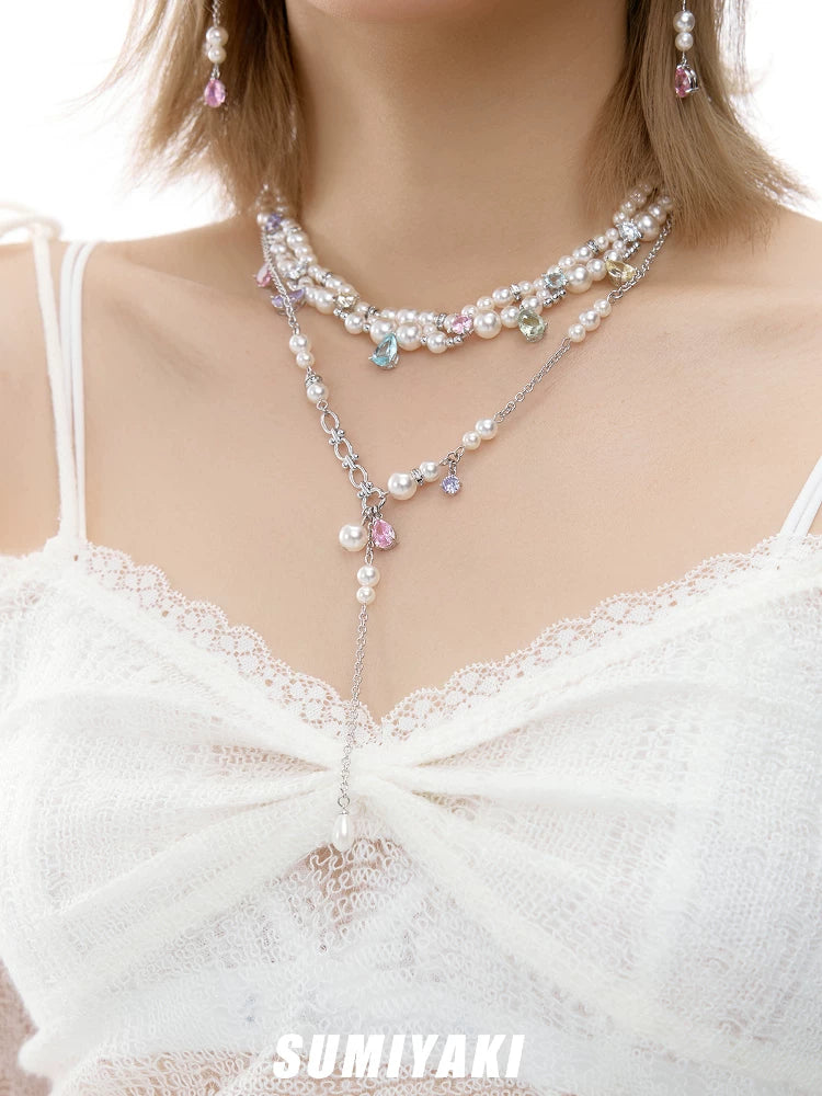 SUMIYAKI Rainbow Zircon Layered Pearl Choker Necklace