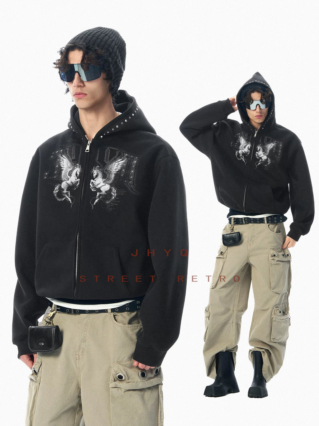 JHYQ Hooded Rivet Short Pegasus Cardigan Jacket
